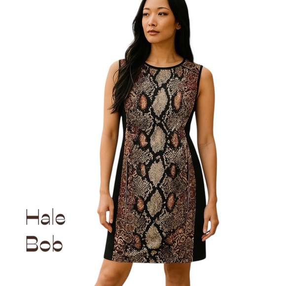 Hale Bob Black Brown Snakeskin Earth Tone Feminine Dress NWOT Size M - Picture 1 of 13